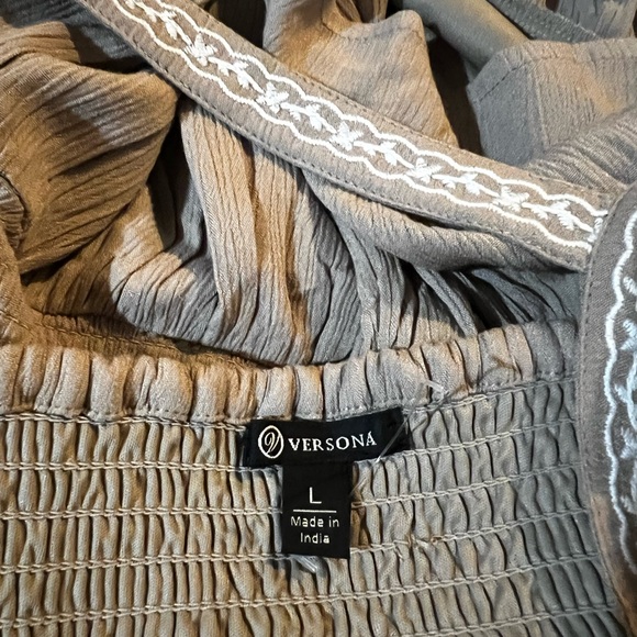 Versona Taupe Smocked Dress with Embroidery - Picture 1 of 3